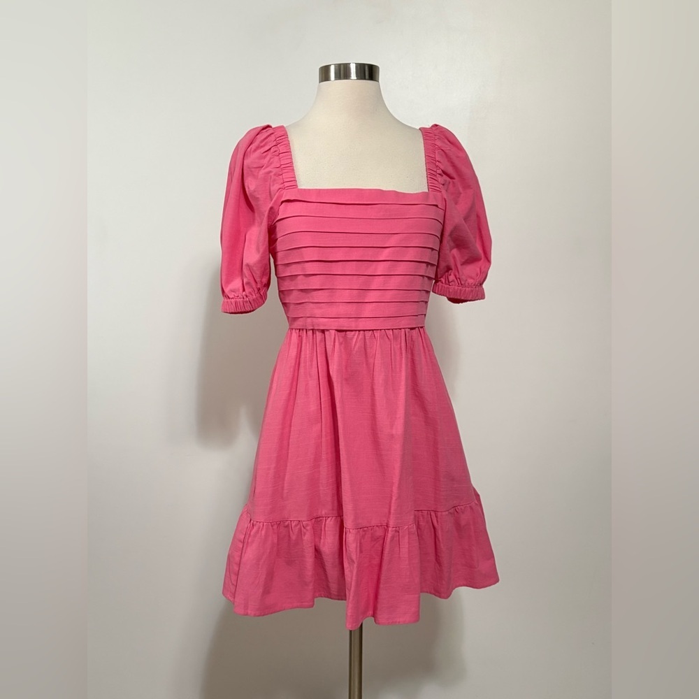 MINKPINK Hot Pink Pleated Short Sleeve Square Neck Mini Dress Size Small